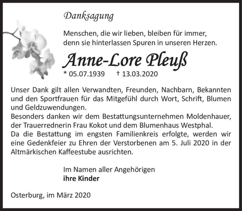  Traueranzeige für Anne-Lore Pleuß  vom 04.04.2020 aus Magdeburger Volksstimme