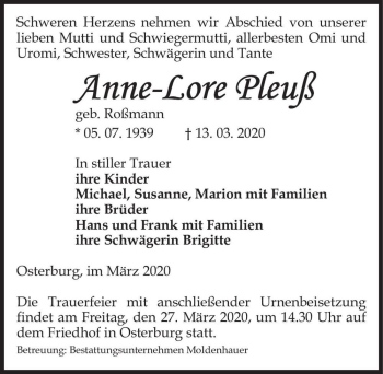 Traueranzeige von Anne-Lore Pleuß (geb. Roßmann)  von Magdeburger Volksstimme