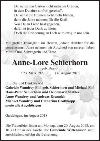 Traueranzeige von Anne-Lore Schierhorn (geb. Brandt)  von Magdeburger Volksstimme
