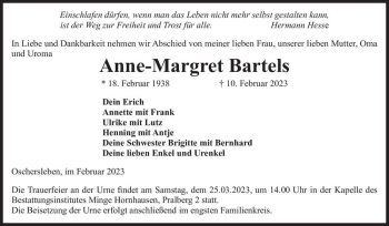 Traueranzeige von Anne-Margret Bartels  von Magdeburger Volksstimme