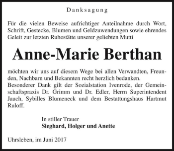 Traueranzeige von Anne-Marie Berthan  von Magdeburger Volksstimme