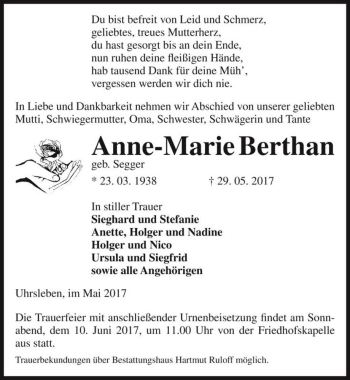 Traueranzeige von Anne-Marie Berthan (geb. Segger)  von Magdeburger Volksstimme
