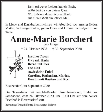 Traueranzeige von Anne-Marie Borchert (geb. Gurgel)  von Magdeburger Volksstimme