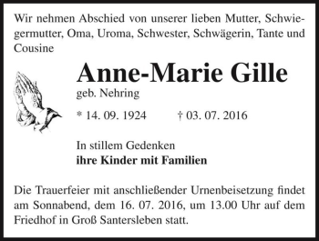Traueranzeige von Anne-Marie Gille (geb. Nehring)  von Magdeburger Volksstimme