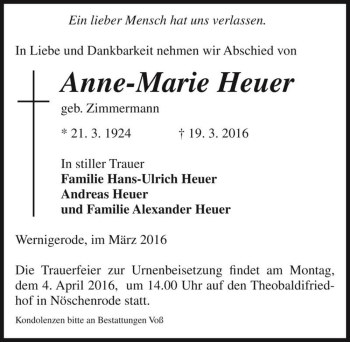 Traueranzeige von Anne-Marie Heuer  von Magdeburger Volksstimme