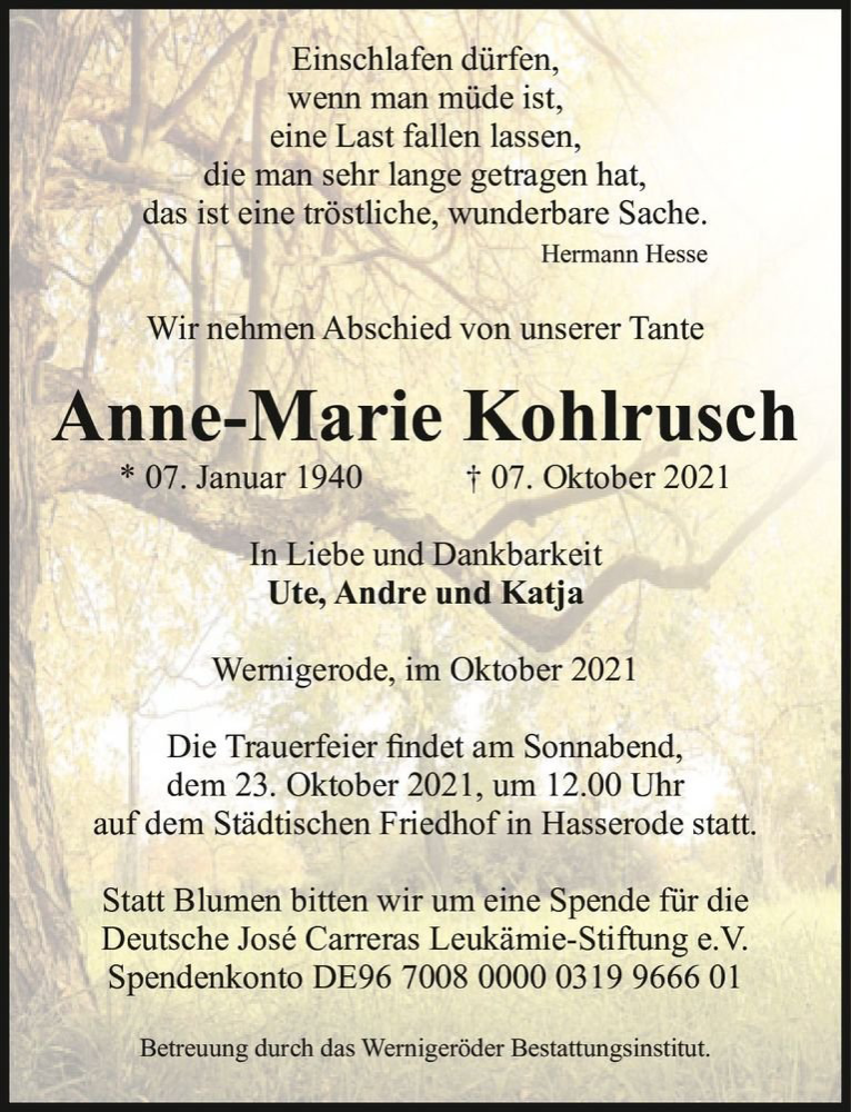  Traueranzeige für Anne-Marie Kohlrusch  vom 15.10.2021 aus Magdeburger Volksstimme