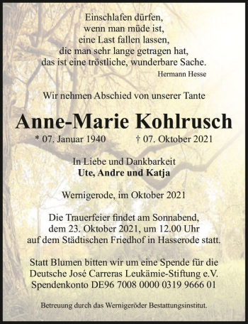 Traueranzeige von Anne-Marie Kohlrusch  von Magdeburger Volksstimme