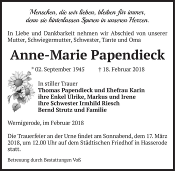 Traueranzeige von Anne-Marie Papendieck  von Magdeburger Volksstimme