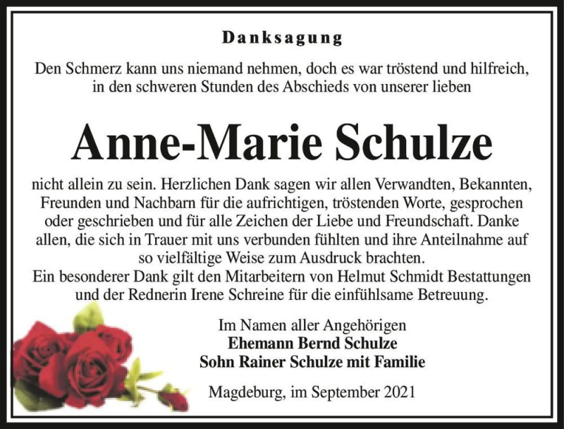  Traueranzeige für Anne-Marie Schulze  vom 18.09.2021 aus Magdeburger Volksstimme