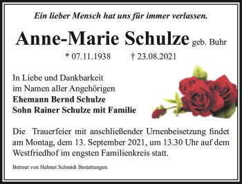 Traueranzeige von Anne-Marie Schulze (geb. Buhr)  von Magdeburger Volksstimme