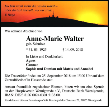 Traueranzeige von Anne-Marie Walter (geb. Schultze)  von Magdeburger Volksstimme