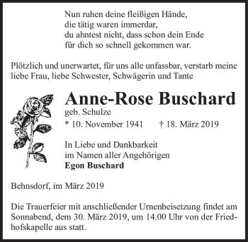 Traueranzeige von Anne-Rose Buschard (geb. Schulze)  von Magdeburger Volksstimme