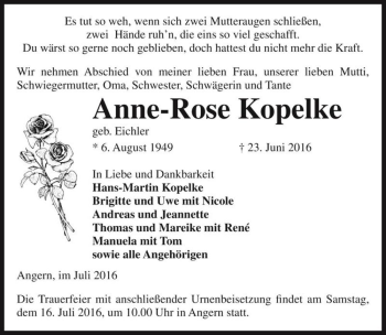 Traueranzeige von Anne-Rose Kopelke (geb. Eichler)  von Magdeburger Volksstimme