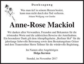Traueranzeige von Anne-Rose Mackiol  von Magdeburger Volksstimme