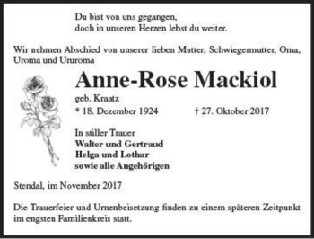 Traueranzeige von Anne-Rose Mackiol (geb. Kraatz)  von Magdeburger Volksstimme