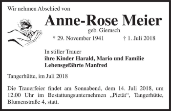Traueranzeige von Anne-Rose Meier (geb. Giemsch)  von Magdeburger Volksstimme