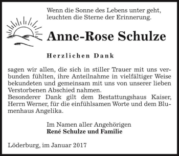 Traueranzeige von Anne-Rose Schulze  von Magdeburger Volksstimme