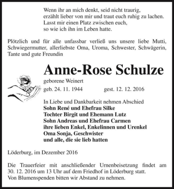 Traueranzeige von Anne-Rose Schulze (geb. Weinert)  von Magdeburger Volksstimme