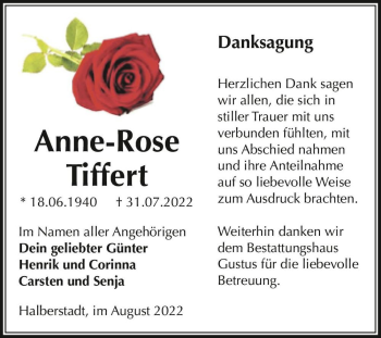 Traueranzeige von Anne-Rose Tiffert  von Magdeburger Volksstimme