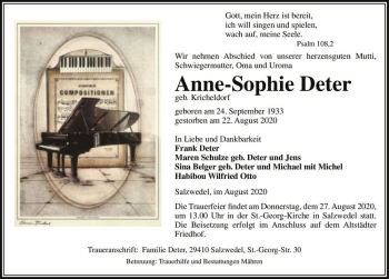 Traueranzeige von Anne-Sophie Deter (geb. Kricheldorf)  von Magdeburger Volksstimme