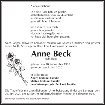 Traueranzeige von Anne Beck (geb. Beck)  von Magdeburger Volksstimme