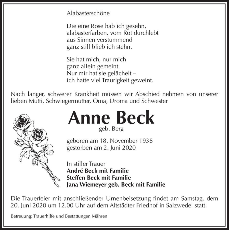 Traueranzeigen von Anne Beck (geb. Beck) | www.abschied-nehmen.de