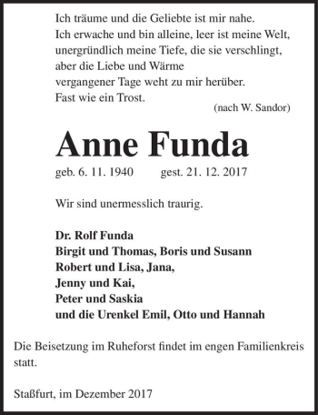 Traueranzeige von Anne Funda  von Magdeburger Volksstimme