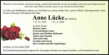 Traueranzeige von Anne Lücke (geb. Hellwig)  von Magdeburger Volksstimme