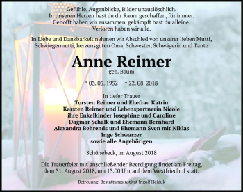 Traueranzeige von Anne Reimer (geb. Baum)  von Magdeburger Volksstimme