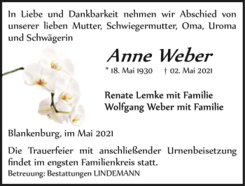 Traueranzeige von Anne Weber  von Magdeburger Volksstimme