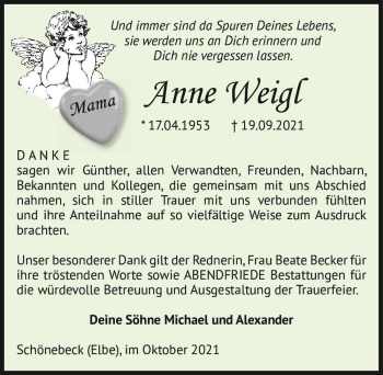 Traueranzeige von Anne Weigl  von Magdeburger Volksstimme