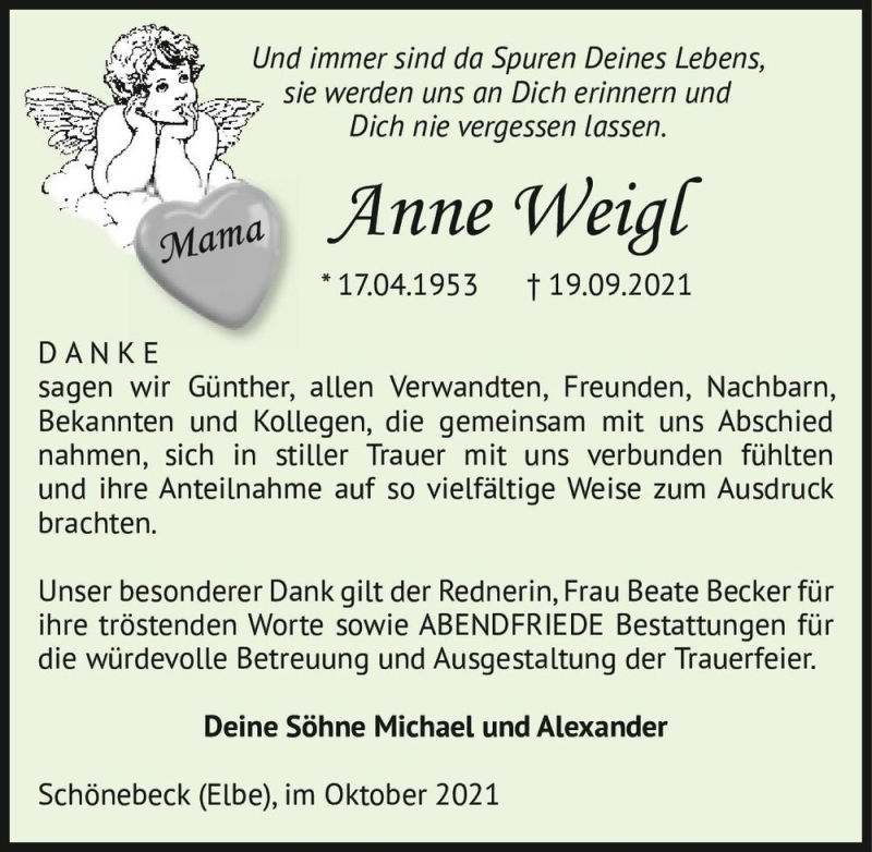  Traueranzeige für Anne Weigl  vom 30.10.2021 aus Magdeburger Volksstimme