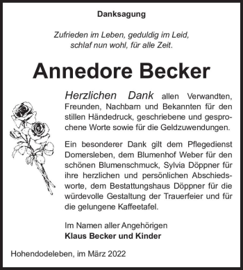 Traueranzeige von Annedore Becker  von Magdeburger Volksstimme