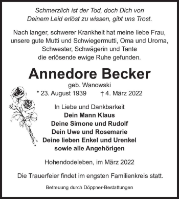 Traueranzeige von Annedore Becker (geb. Wanowski)  von Magdeburger Volksstimme