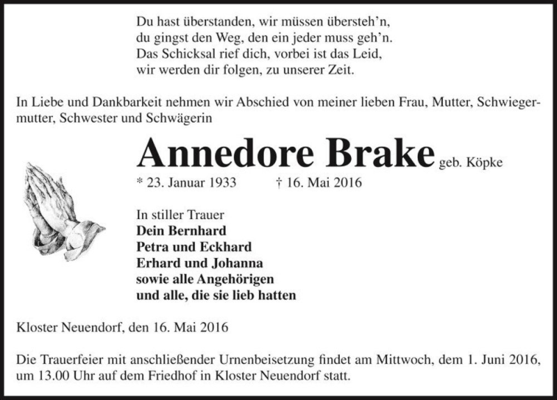  Traueranzeige für Annedore Brake (geb. Köpke)  vom 19.05.2016 aus Magdeburger Volksstimme