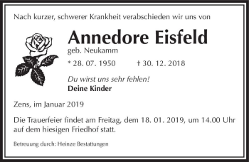 Traueranzeige von Annedore Eisfeld (geb. Neukamm)  von Magdeburger Volksstimme