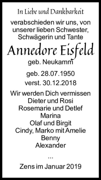 Traueranzeige von Annedore Eisfeld (geb. Neukamm)  von Magdeburger Volksstimme