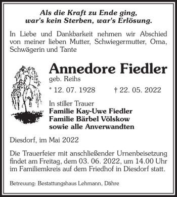 Traueranzeige von Annedore Fiedler (geb. Reihs)  von Magdeburger Volksstimme