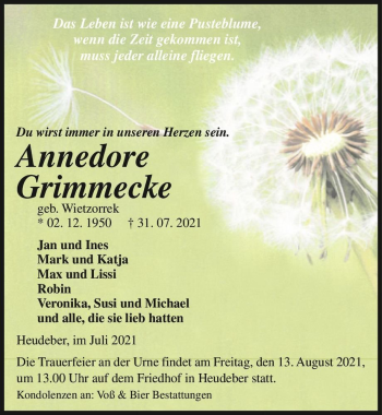 Traueranzeige von Annedore Grimmecke (geb. Wietzorrek)  von Magdeburger Volksstimme