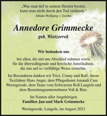 Traueranzeige von Annedore Grimmecke (geb. Wietzorrek)  von Magdeburger Volksstimme