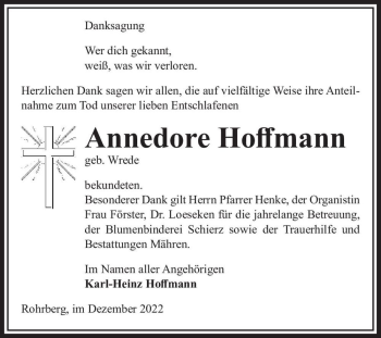 Traueranzeige von Annedore Hoffmann (geb. Wrede)  von Magdeburger Volksstimme