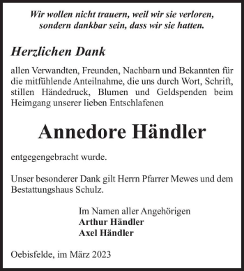 Traueranzeige von Annedore Händler  von Magdeburger Volksstimme