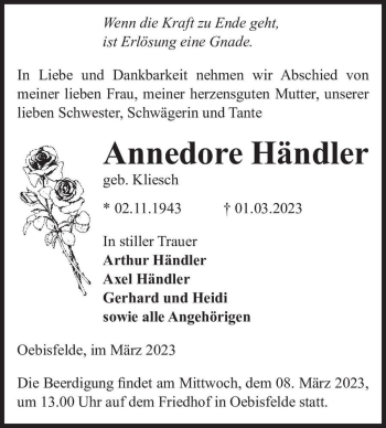 Traueranzeige von Annedore Händler (geb. Kliesch)  von Magdeburger Volksstimme