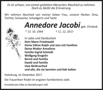 Traueranzeige von Annedore Jacobi (geb. Chrobok)  von Magdeburger Volksstimme