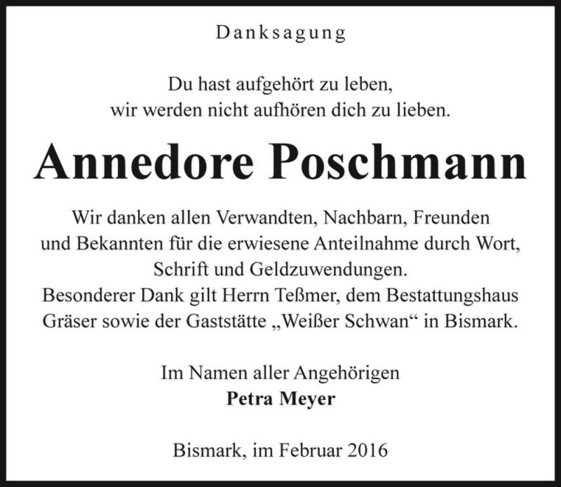  Traueranzeige für Annedore Poschmann  vom 13.02.2016 aus Magdeburger Volksstimme