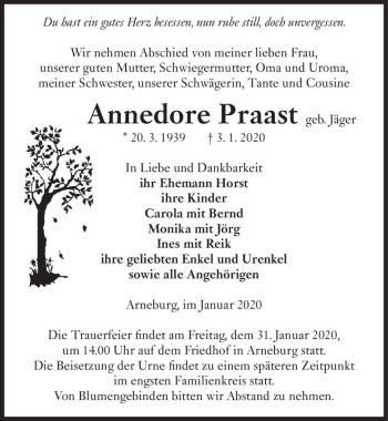 Traueranzeige von Annedore Praast (geb. Jäger)  von Magdeburger Volksstimme
