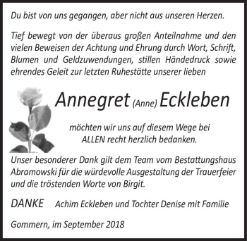 Traueranzeige von Annegret (Anne) Eckleben  von Magdeburger Volksstimme