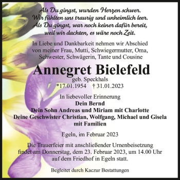 Traueranzeige von Annegret Bielefeld (geb. Speckhals)  von Magdeburger Volksstimme