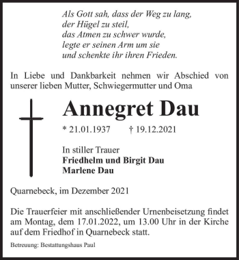 Traueranzeige von Annegret Dau  von Magdeburger Volksstimme