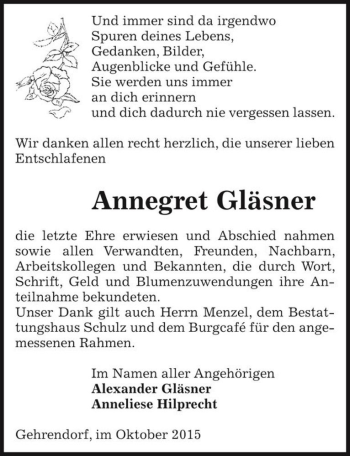 Traueranzeige von Annegret Gläsner  von Magdeburger Volksstimme